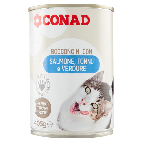 Bocconcini per gatti con salmone, tonno e verdure Conad 405gr